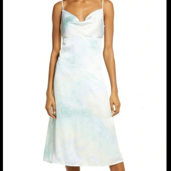 NWT Lulus Tranquil State Tie Dye Satin Cowl Neck Midi Dress Blue Medium - Picture 12 of 12